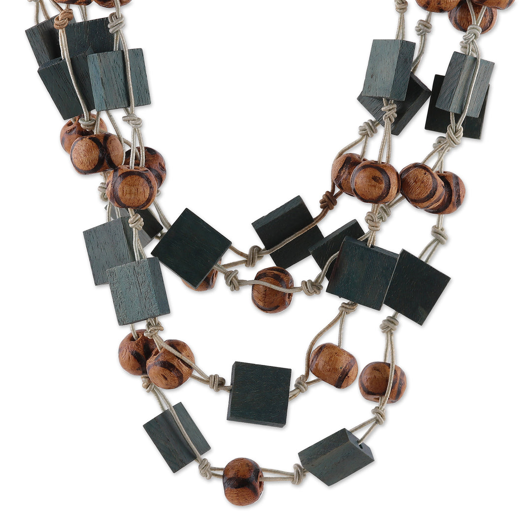 Turquoise and Brown Haldu Wood Beaded Three-Strand Necklace - Rustic Waters