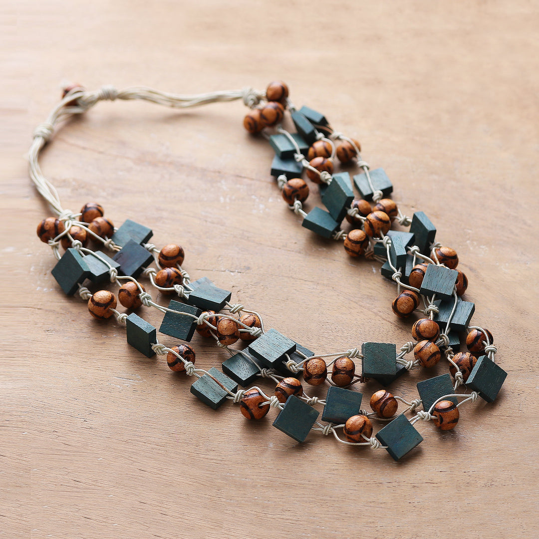 Turquoise and Brown Haldu Wood Beaded Three-Strand Necklace - Rustic Waters