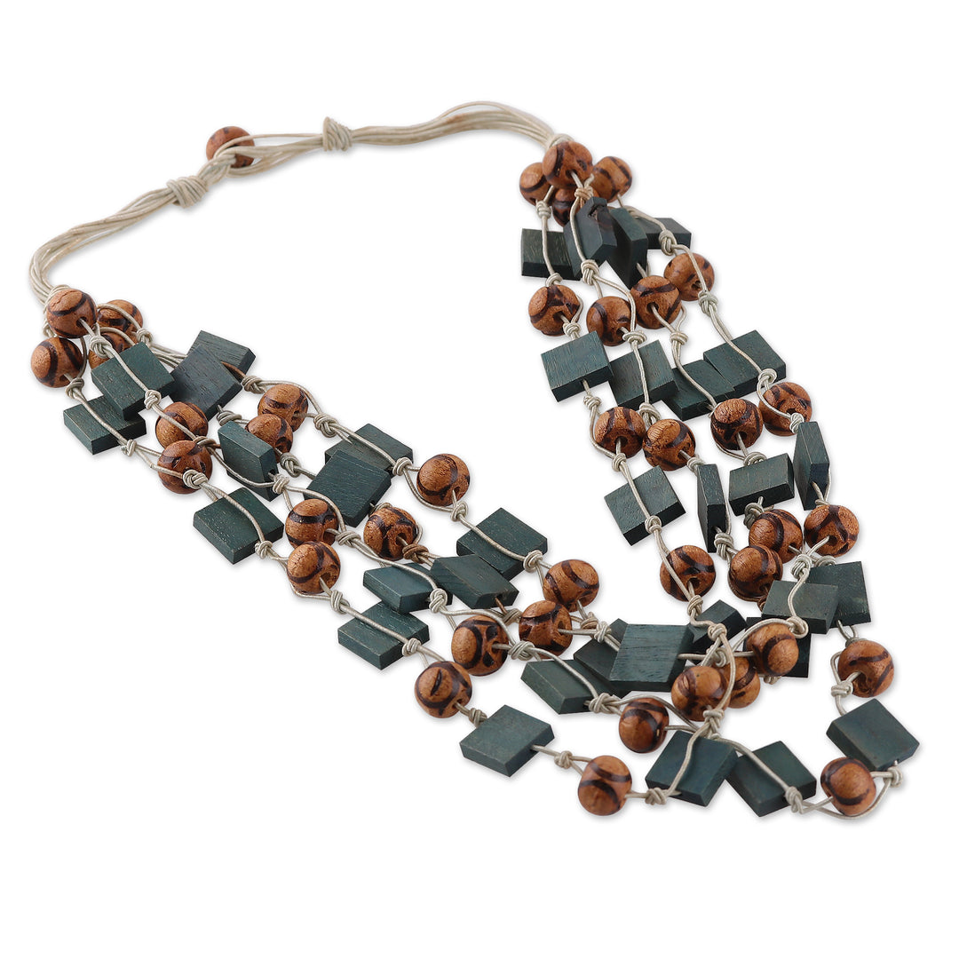 Turquoise and Brown Haldu Wood Beaded Three-Strand Necklace - Rustic Waters