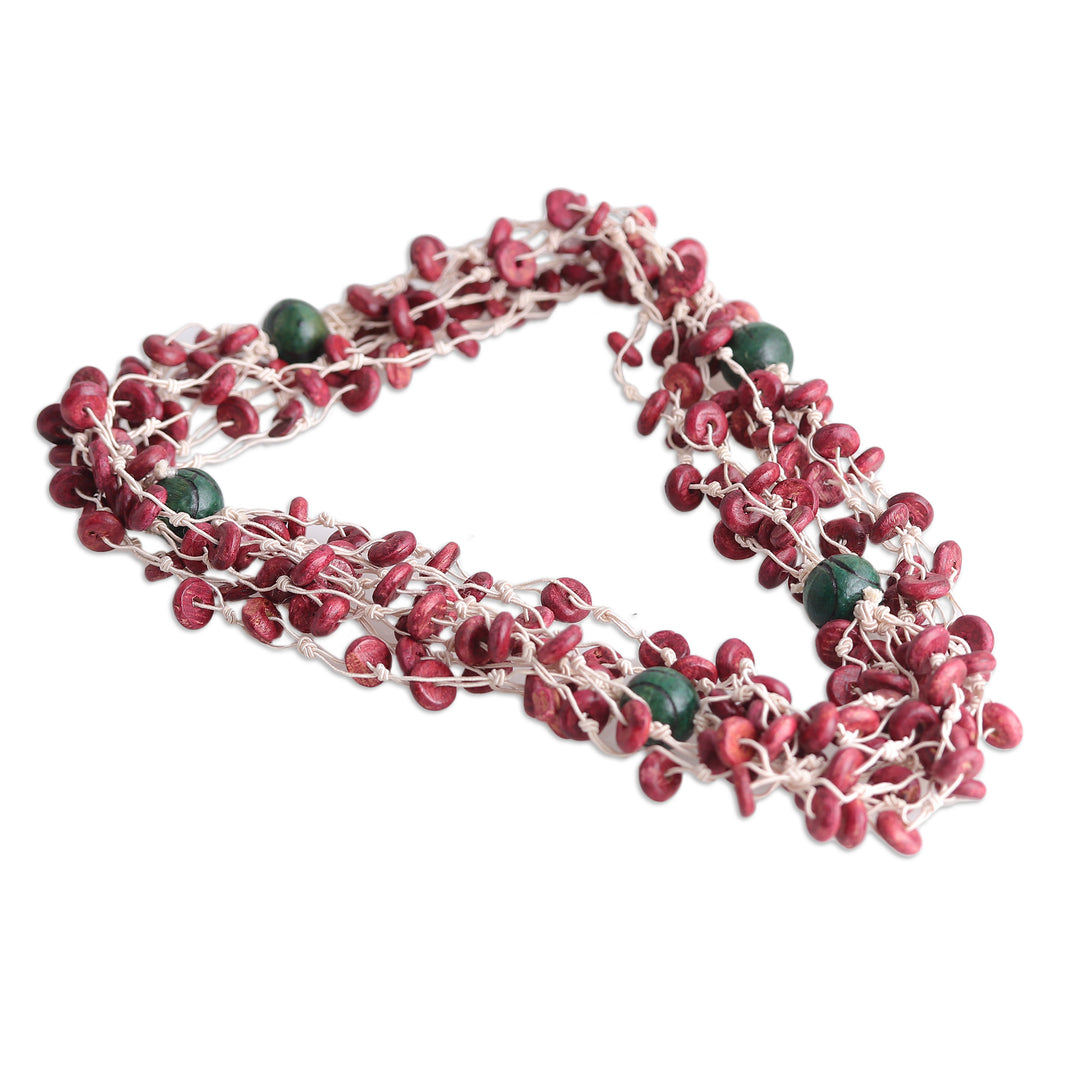 Indian-Made Burgundy and Green Wood Beaded Strand Necklace - Beats of Burgundy