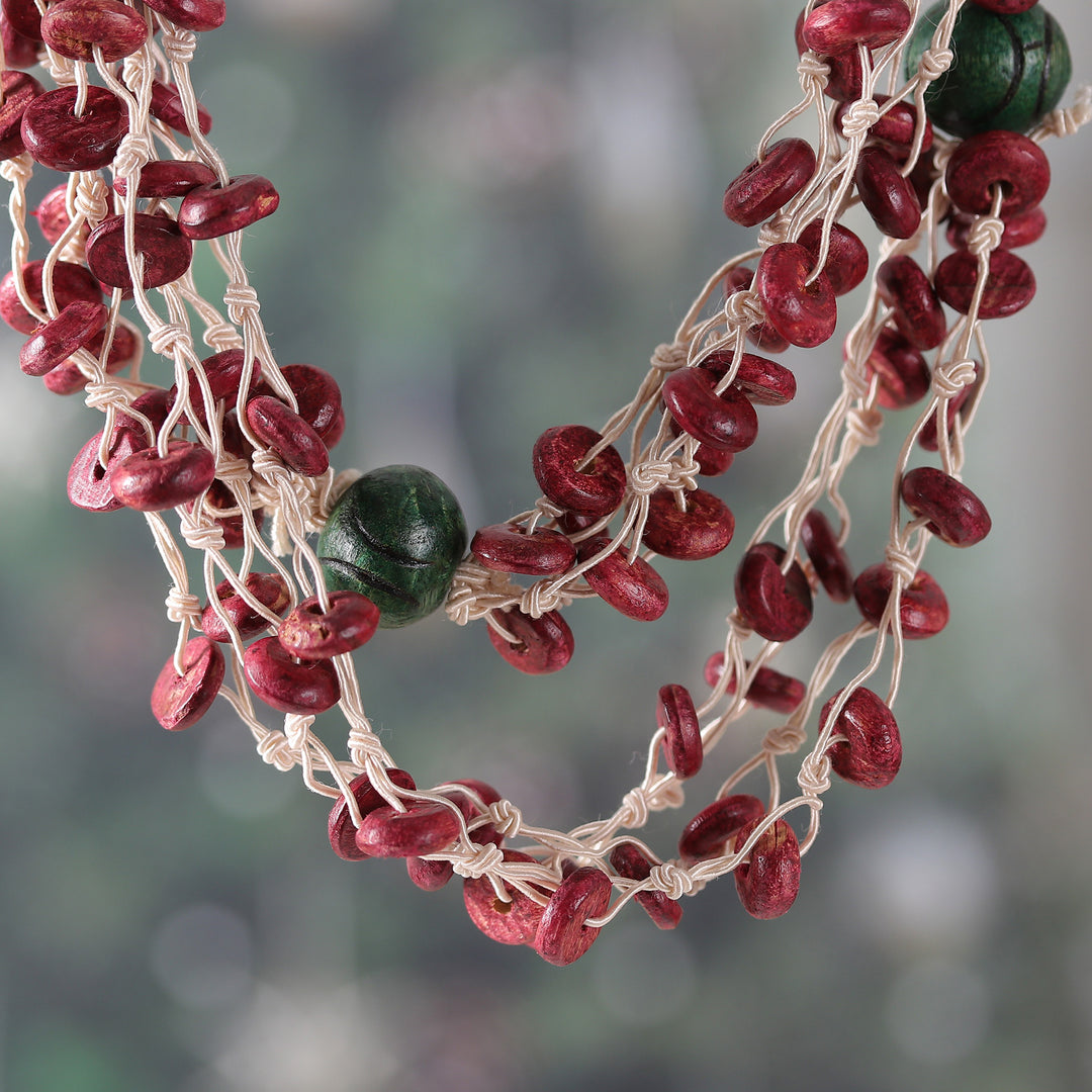 Indian-Made Burgundy and Green Wood Beaded Strand Necklace - Beats of Burgundy