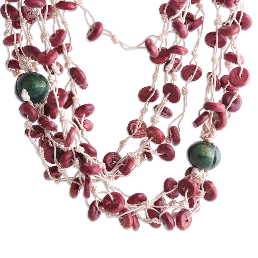 Indian-Made Burgundy and Green Wood Beaded Strand Necklace - Beats of Burgundy