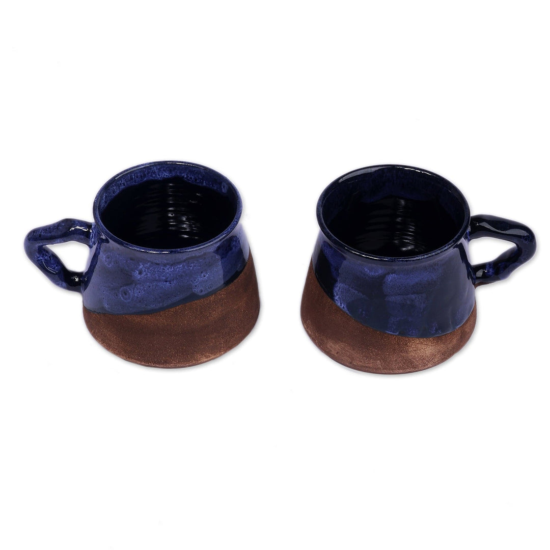 Artisan-Made Glazed Blue and Brown Ceramic Coffee Cup Pair - Energizing Blue