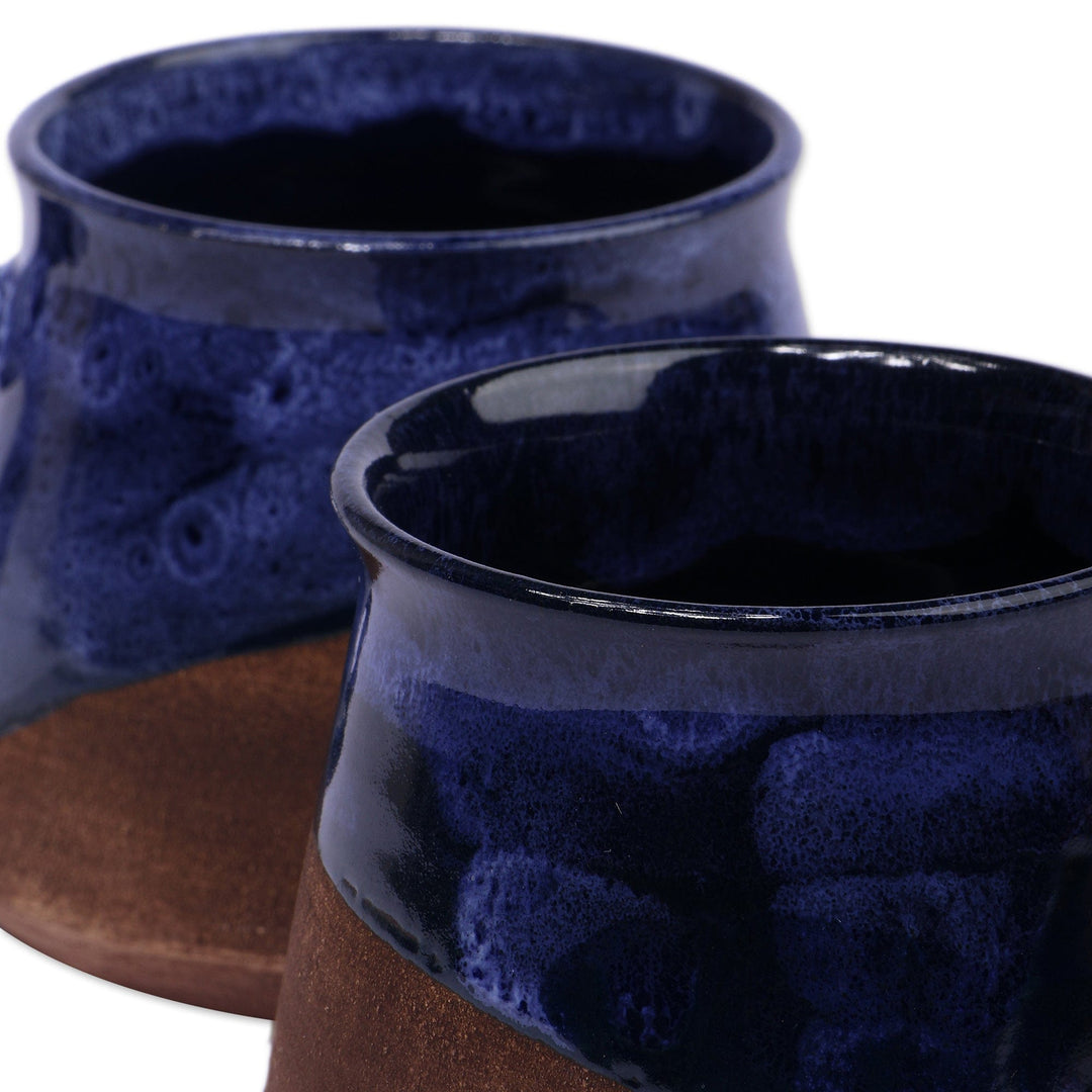 Artisan-Made Glazed Blue and Brown Ceramic Coffee Cup Pair - Energizing Blue