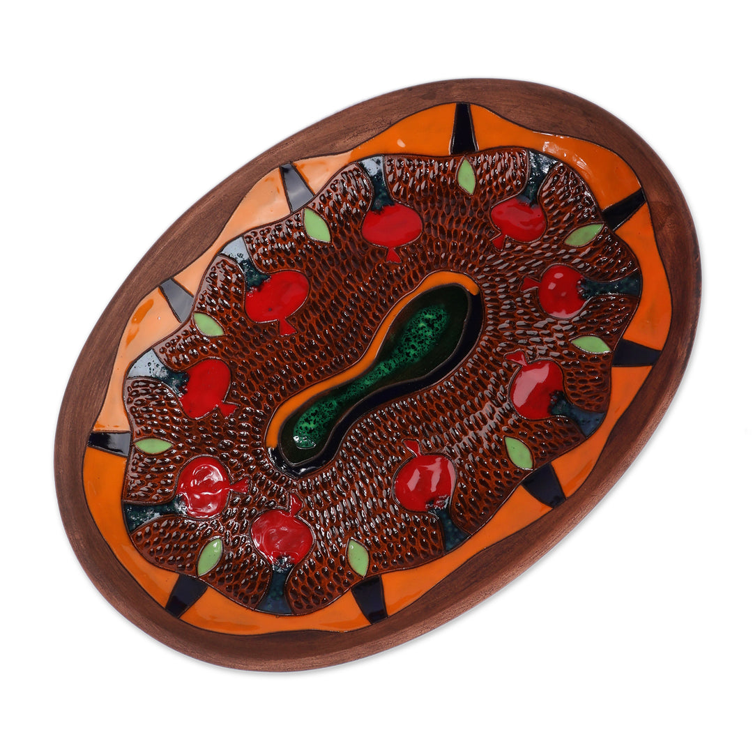 Folk Art Pomegranate-Themed Oval Ceramic Decorative Plate - Pomegranate Dance