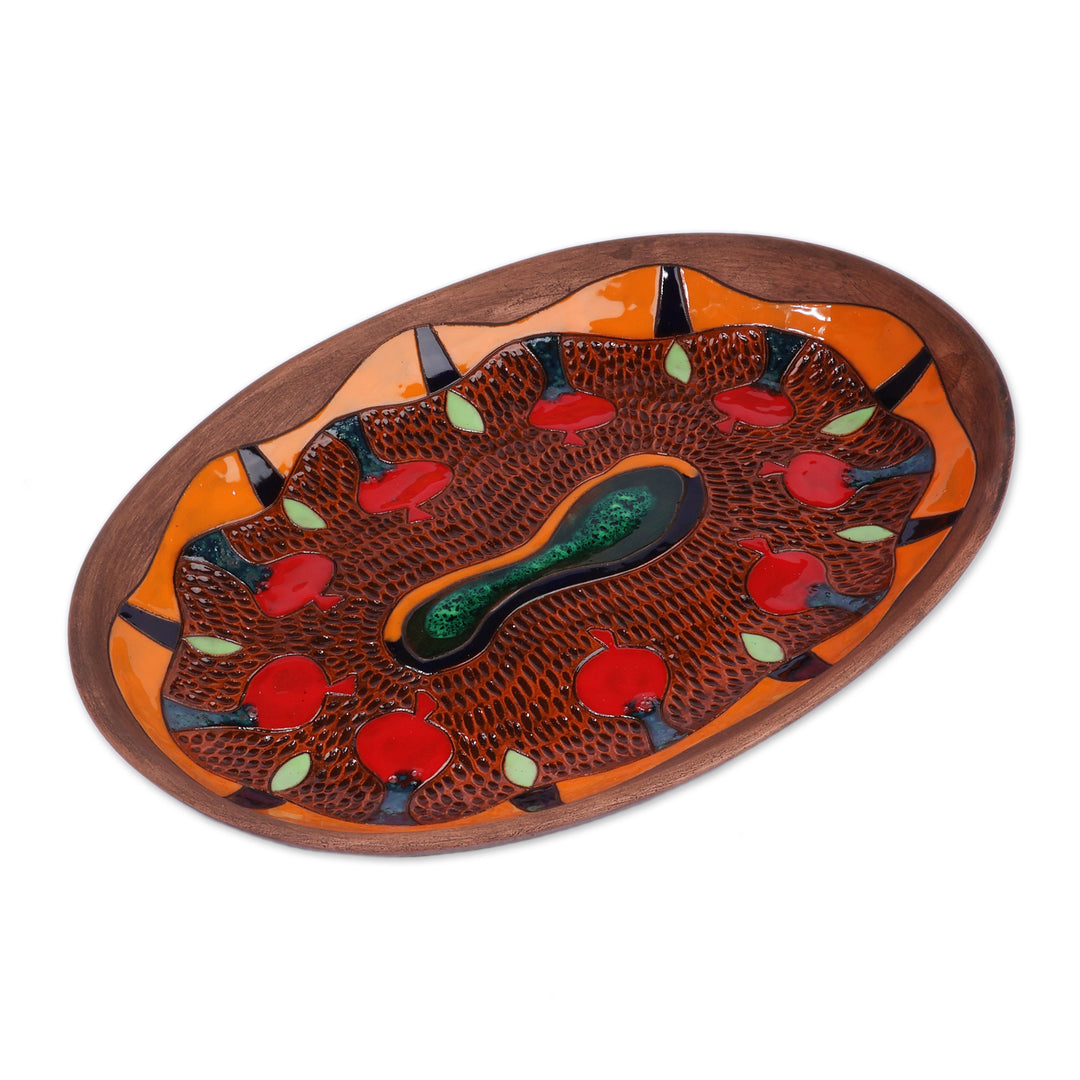 Folk Art Pomegranate-Themed Oval Ceramic Decorative Plate - Pomegranate Dance