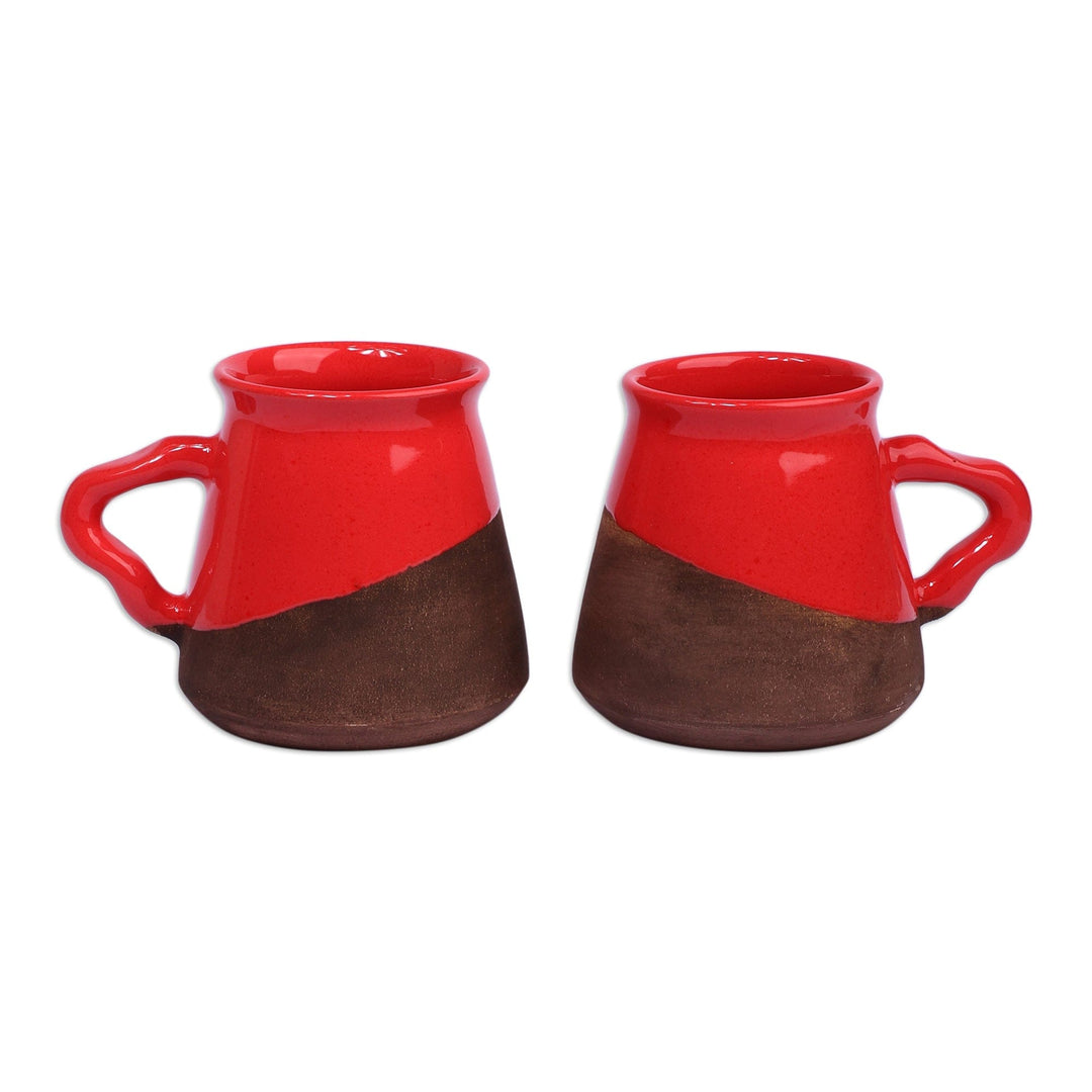 Glazed Red and Brown Ceramic Mug Pair Handcrafted in Armenia - Red Awakening