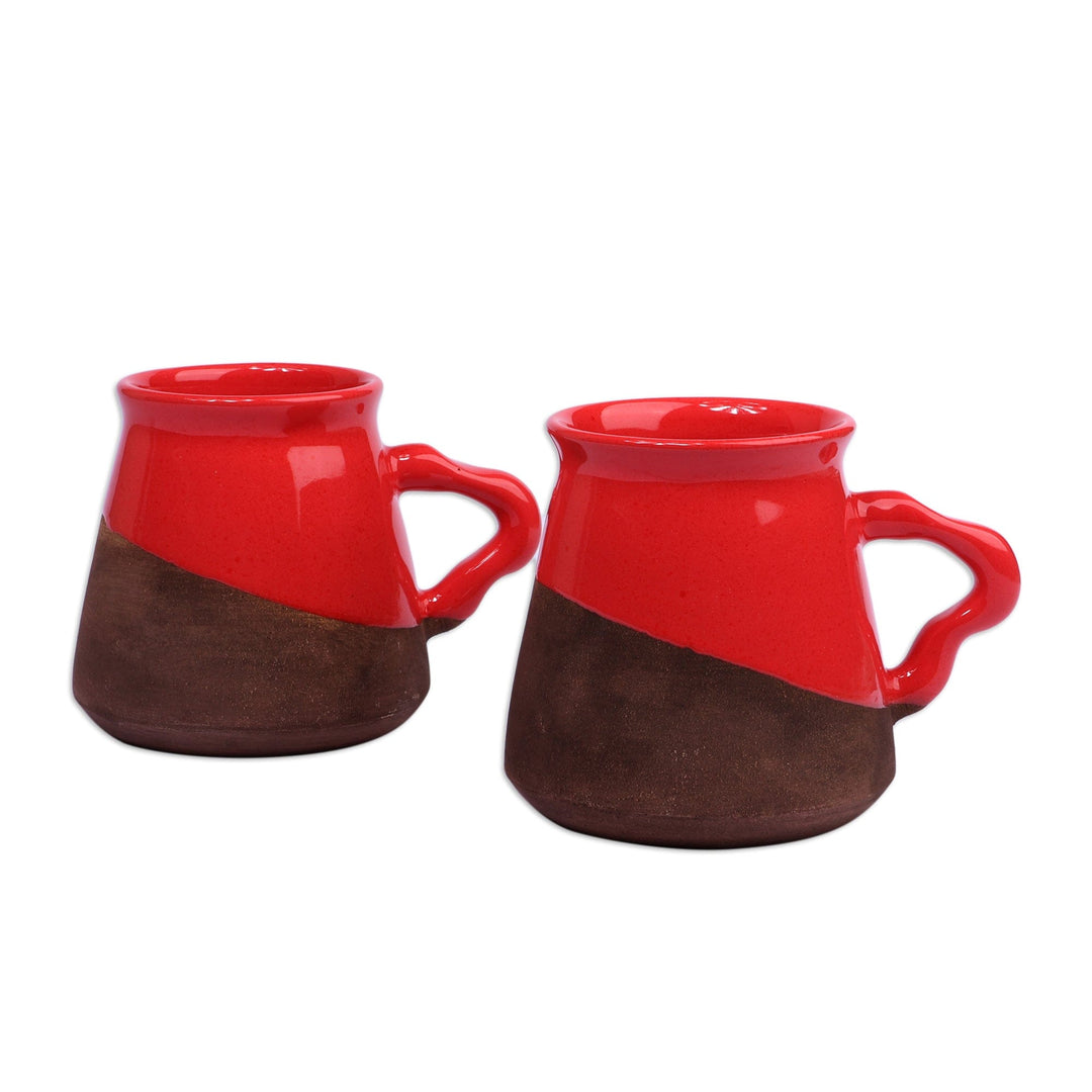 Glazed Red and Brown Ceramic Mug Pair Handcrafted in Armenia - Red Awakening