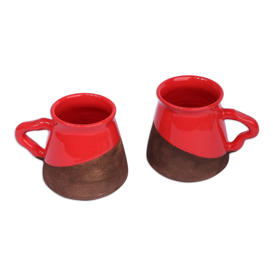 Glazed Red and Brown Ceramic Mug Pair Handcrafted in Armenia - Red Awakening