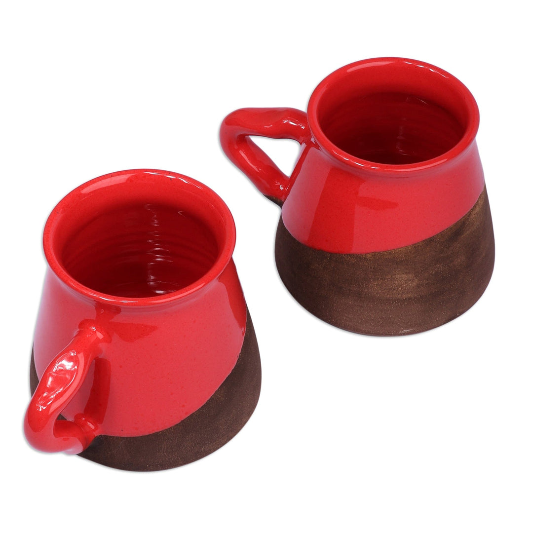 Glazed Red and Brown Ceramic Mug Pair Handcrafted in Armenia - Red Awakening
