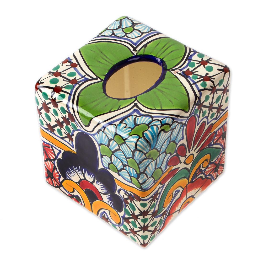 Hacienda-Themed Talavera Ceramic Tissue Box Cover in Green - Evergreen Hacienda