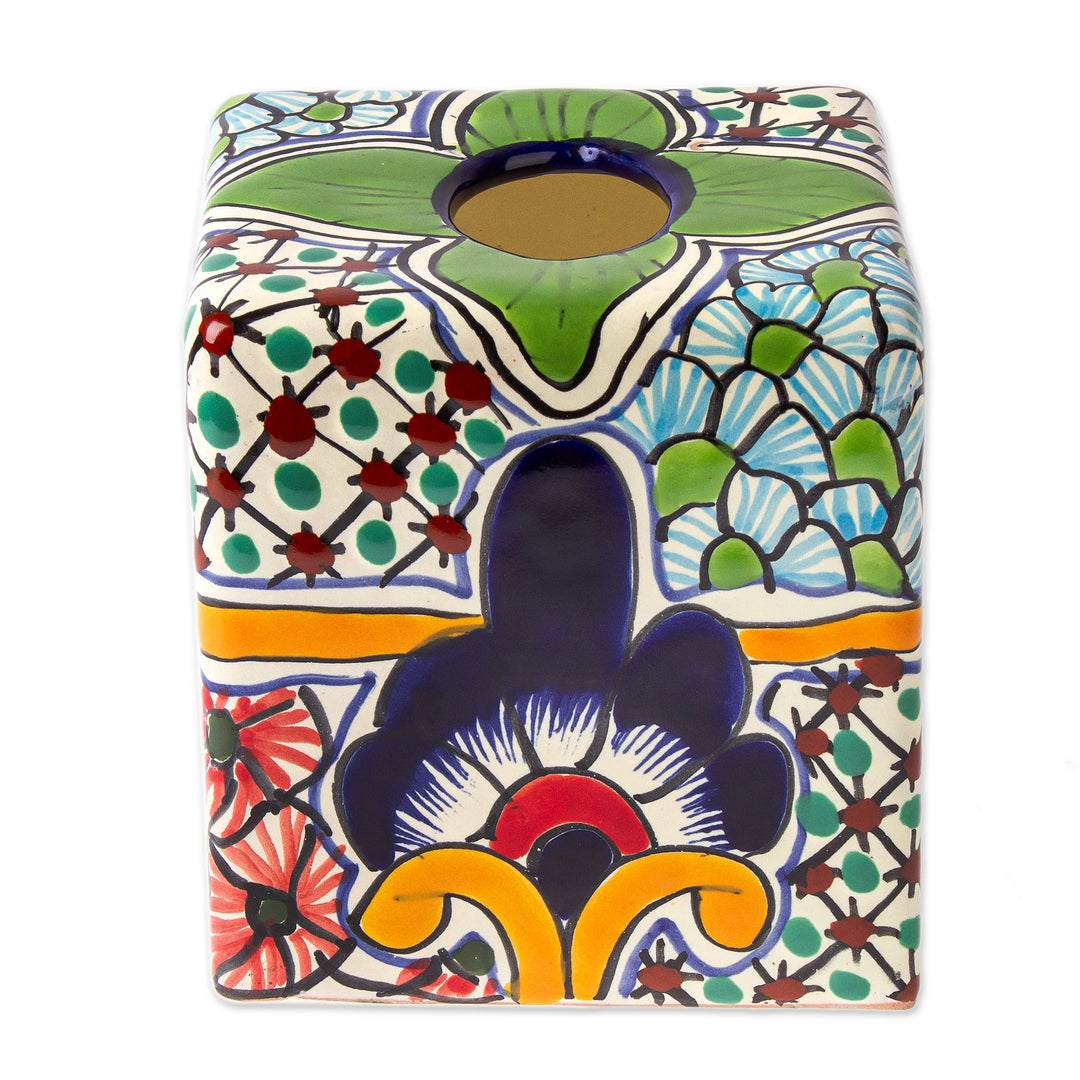 Hacienda-Themed Talavera Ceramic Tissue Box Cover in Green - Evergreen Hacienda