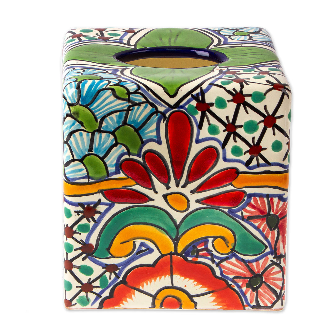 Hacienda-Themed Talavera Ceramic Tissue Box Cover in Green - Evergreen Hacienda