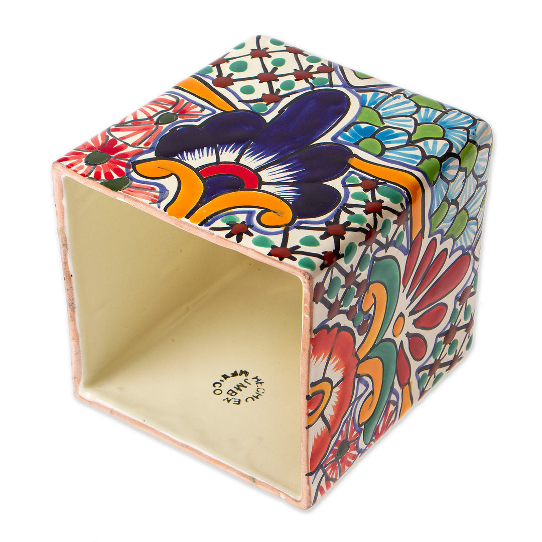 Hacienda-Themed Talavera Ceramic Tissue Box Cover in Green - Evergreen Hacienda