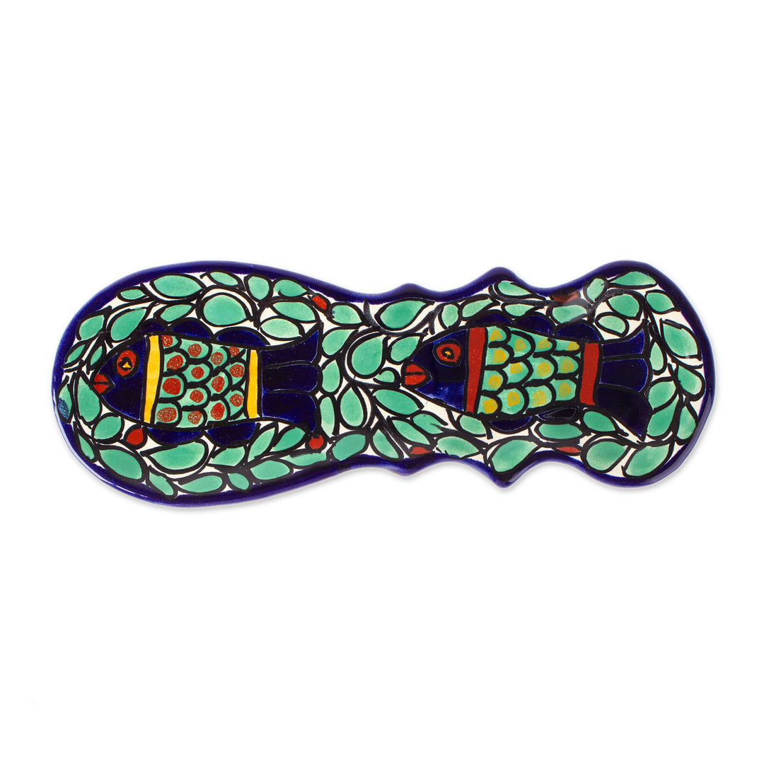 Folk Art Talavera-Inspired Ceramic Fish-Themed Spoon Rest - Fish Fiesta