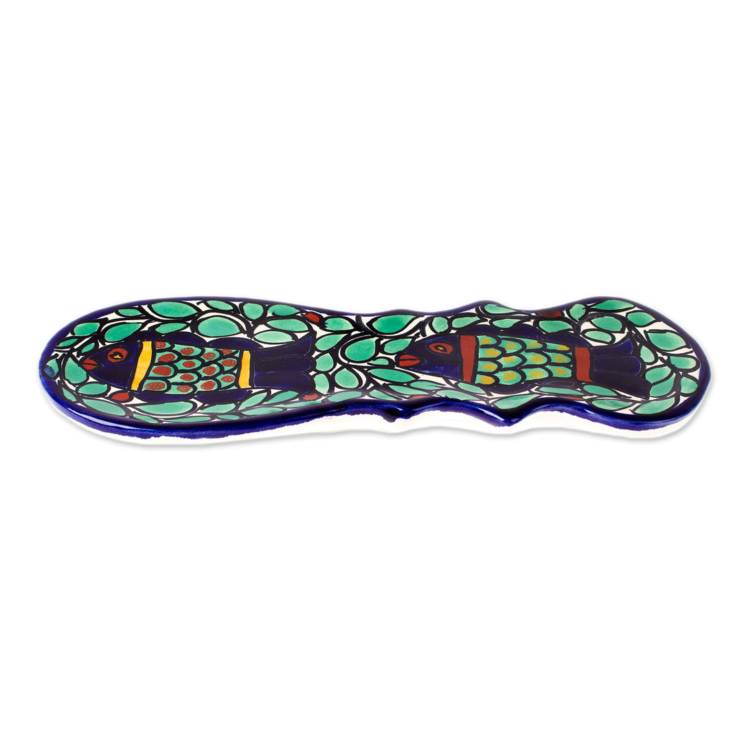 Folk Art Talavera-Inspired Ceramic Fish-Themed Spoon Rest - Fish Fiesta