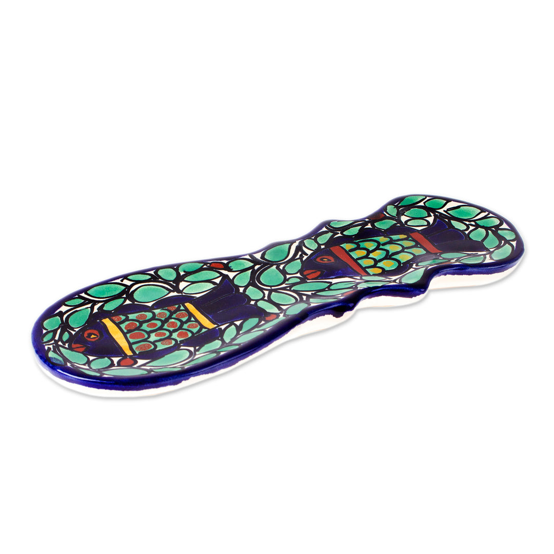 Folk Art Talavera-Inspired Ceramic Fish-Themed Spoon Rest - Fish Fiesta