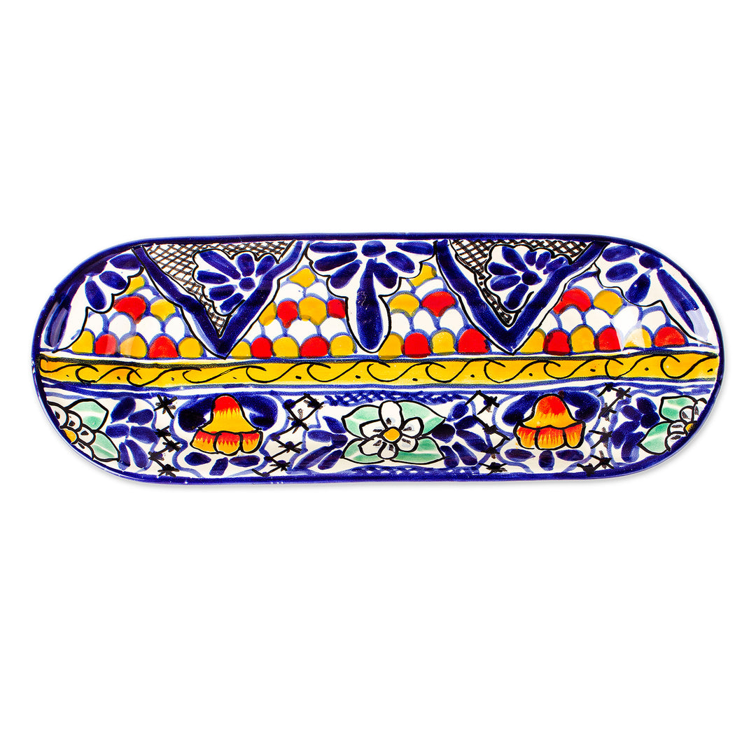 Spring-Themed Talavera-Style Blue and Yellow Ceramic Platter - Talavera Spring