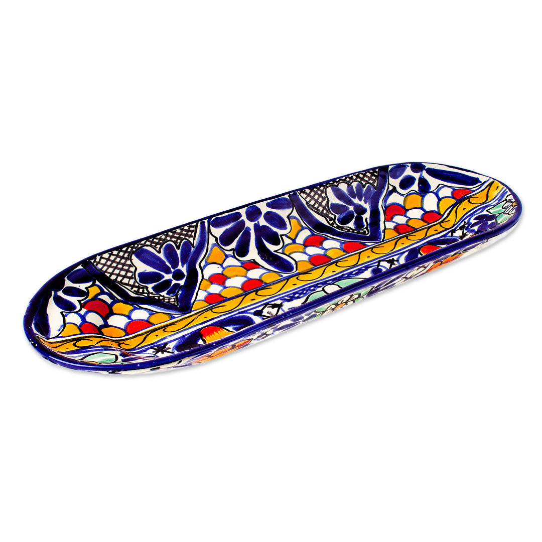 Spring-Themed Talavera-Style Blue and Yellow Ceramic Platter - Talavera Spring