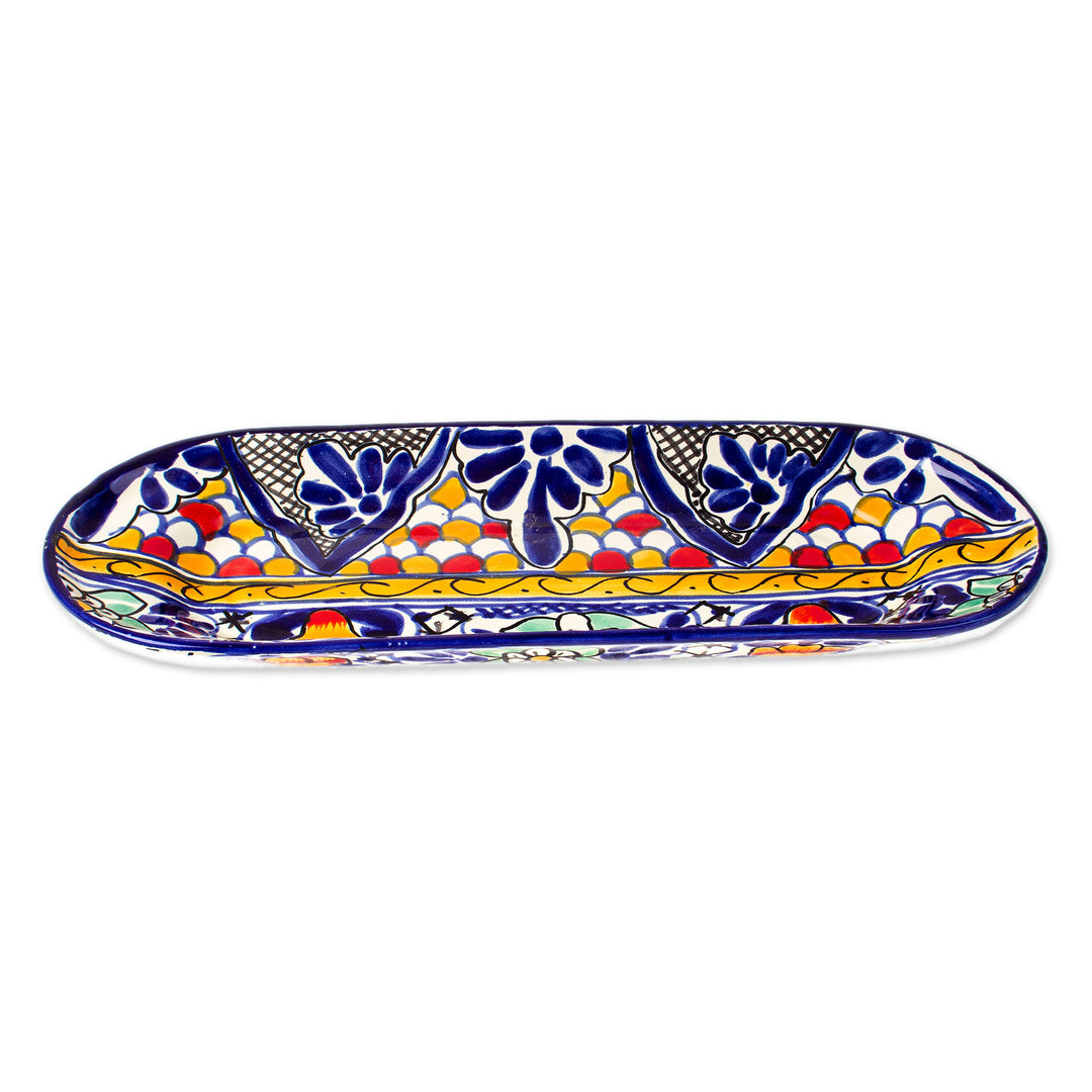 Spring-Themed Talavera-Style Blue and Yellow Ceramic Platter - Talavera Spring