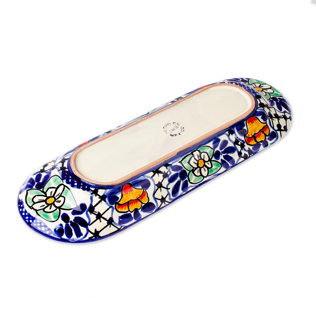 Spring-Themed Talavera-Style Blue and Yellow Ceramic Platter - Talavera Spring