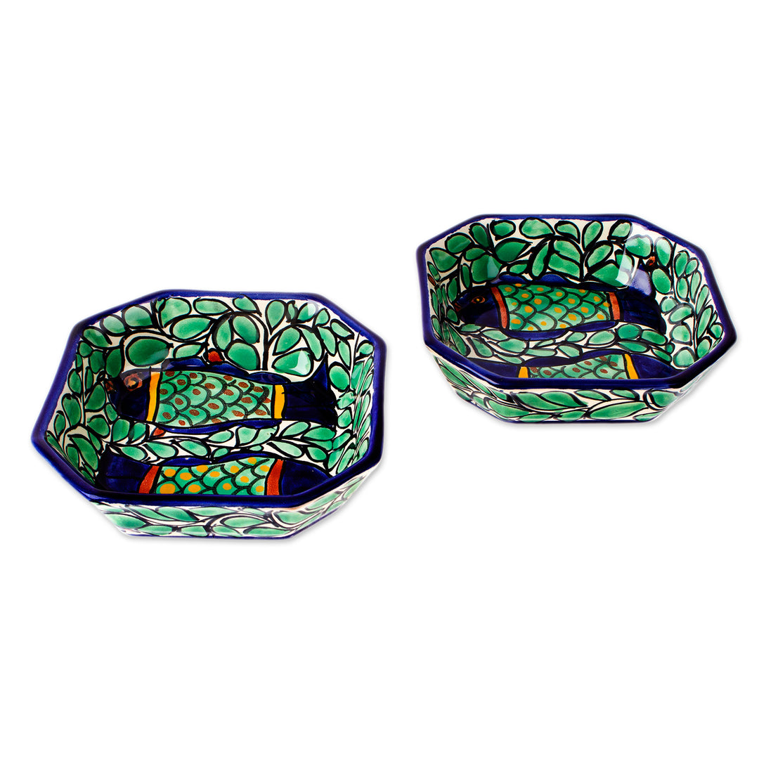 Fish and Leaf-Themed Talavera Ceramic Dessert Bowl Pair - Fish Fiesta