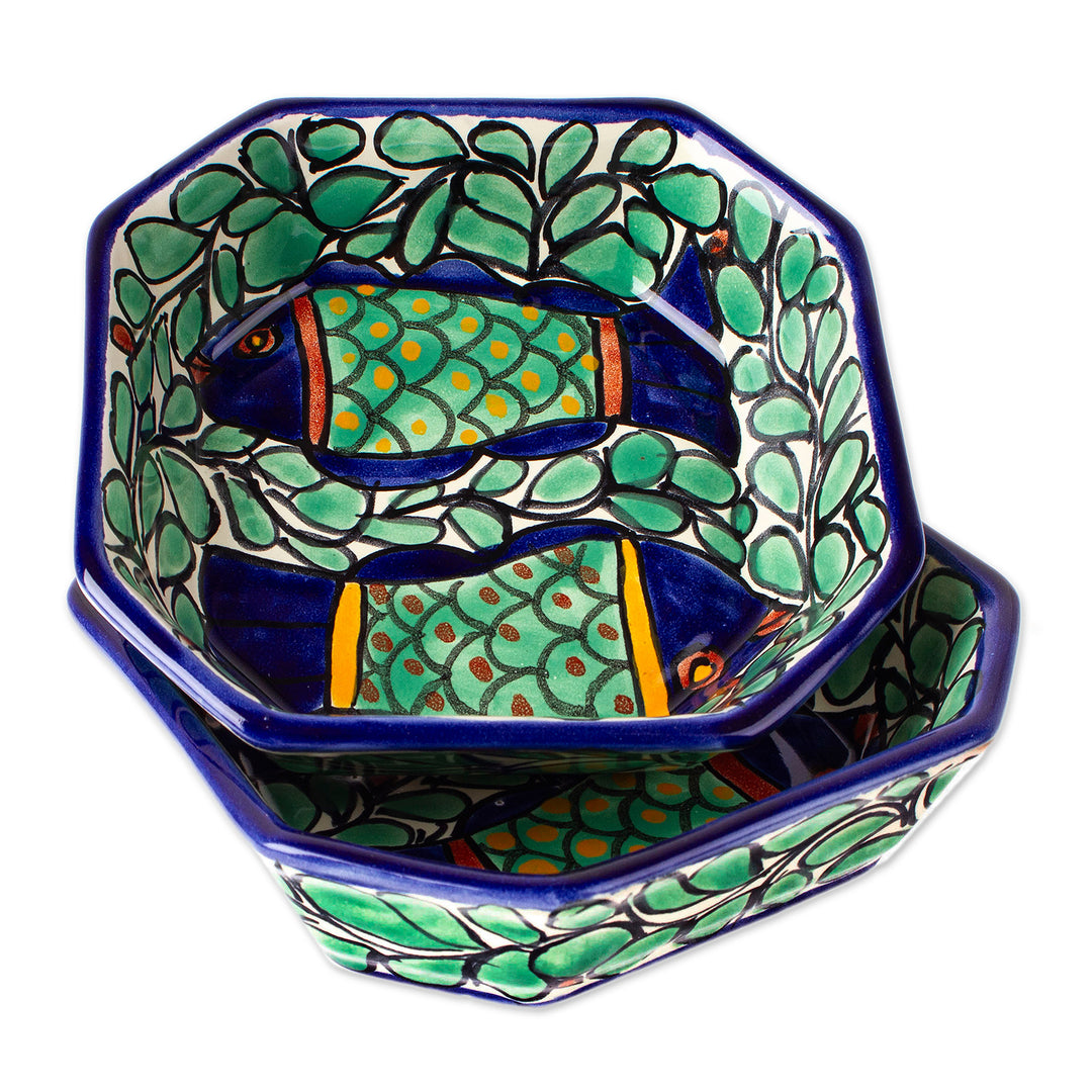 Fish and Leaf-Themed Talavera Ceramic Dessert Bowl Pair - Fish Fiesta