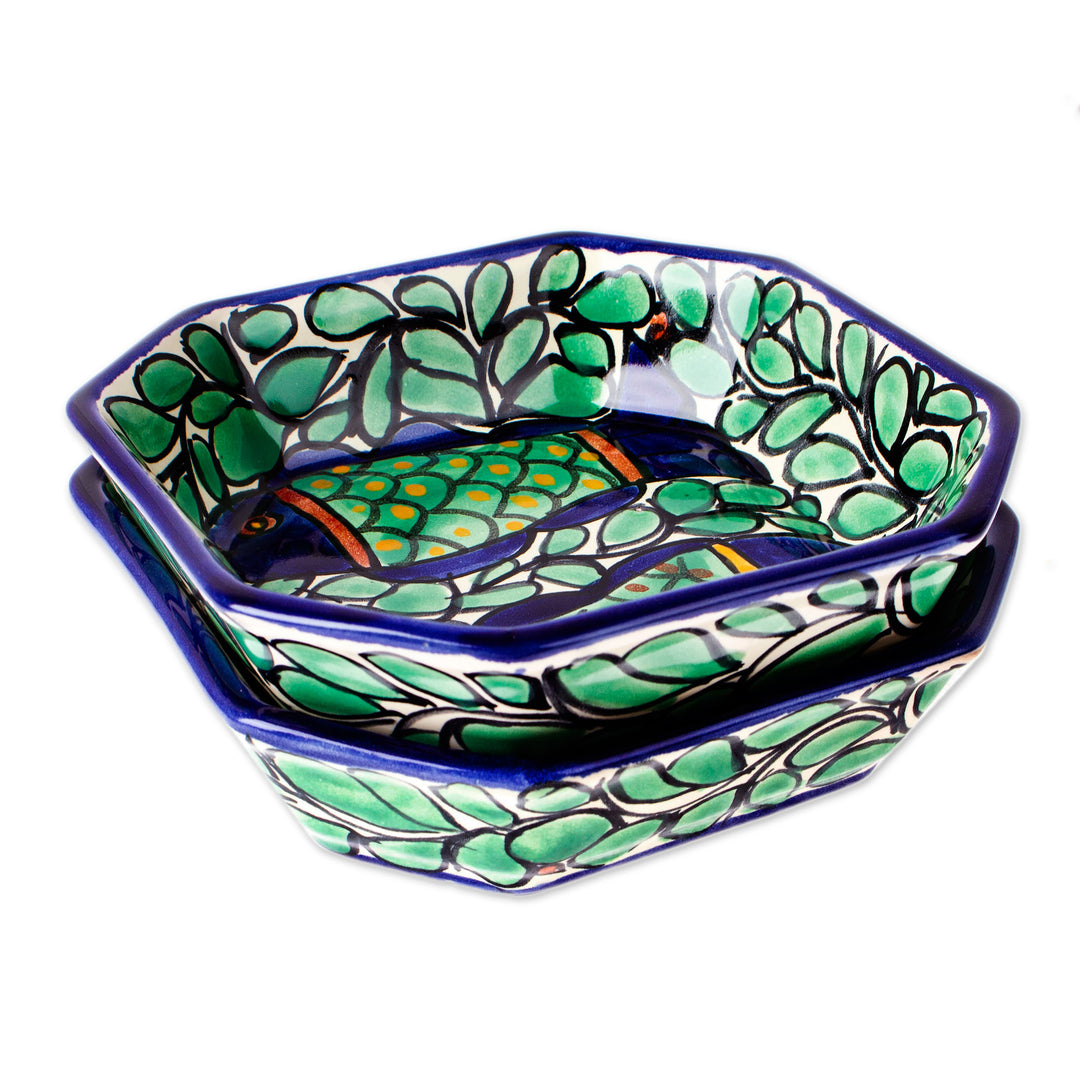 Fish and Leaf-Themed Talavera Ceramic Dessert Bowl Pair - Fish Fiesta