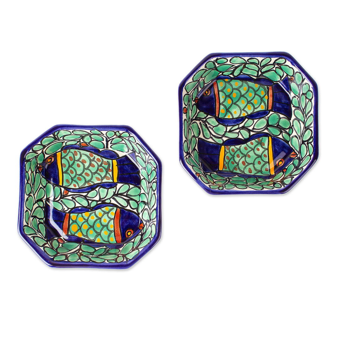 Fish and Leaf-Themed Talavera Ceramic Dessert Bowl Pair - Fish Fiesta