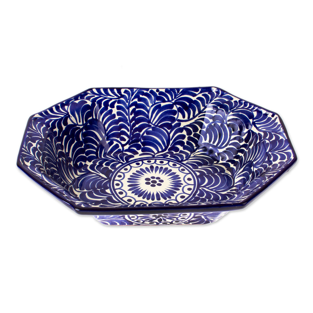 Baroque-Inspired Leafy Talavera Blue Ceramic Serving Bowl - Royal Talavera