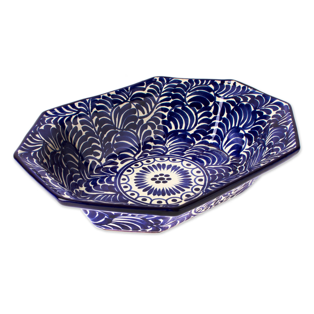 Baroque-Inspired Leafy Talavera Blue Ceramic Serving Bowl - Royal Talavera