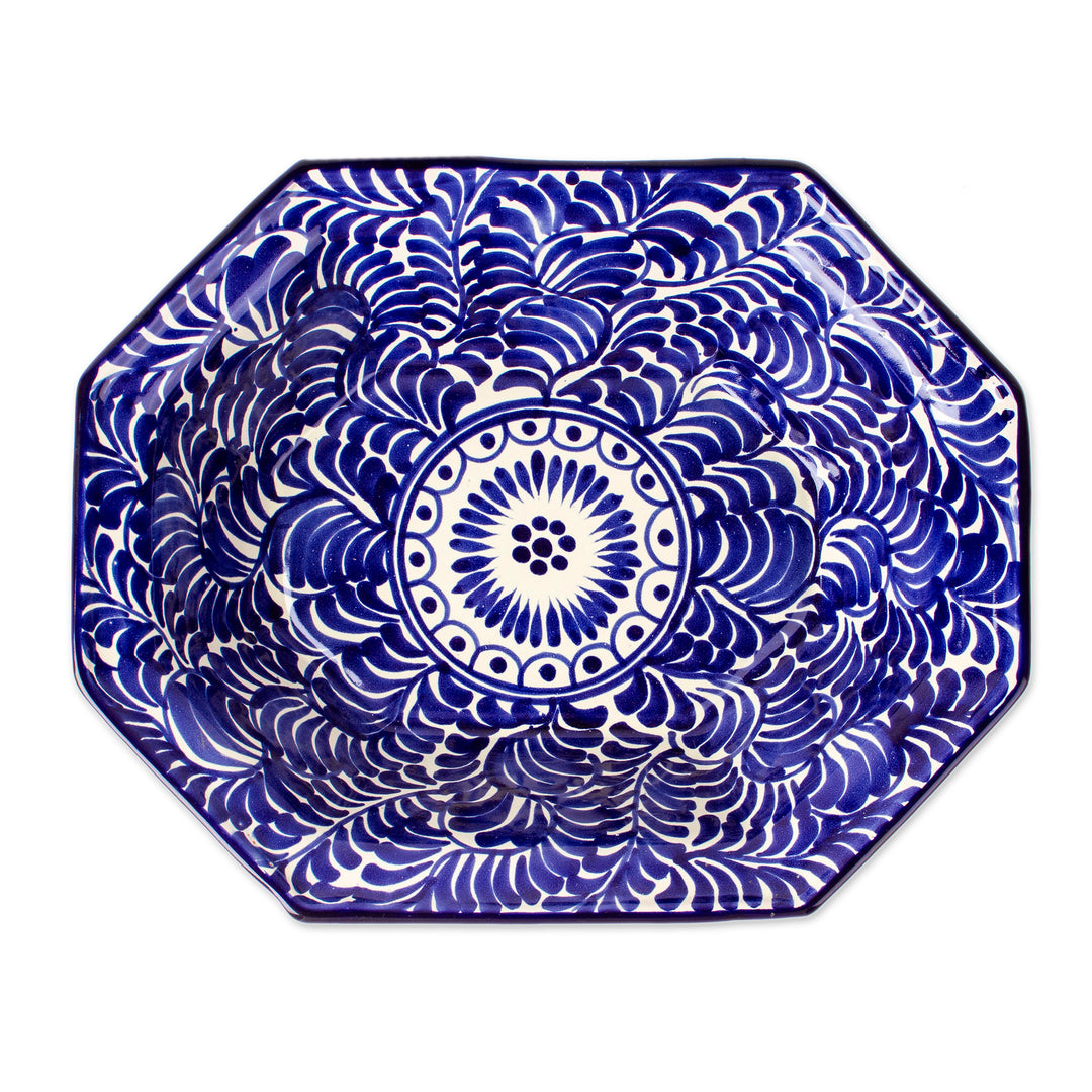 Baroque-Inspired Leafy Talavera Blue Ceramic Serving Bowl - Royal Talavera