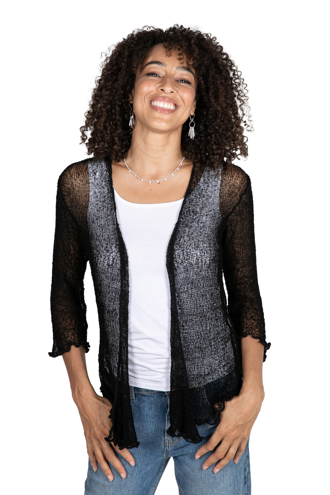 Black Knit Three-Quarter Sleeve Open-Front Jacket from Bali - Lazy Days in Black