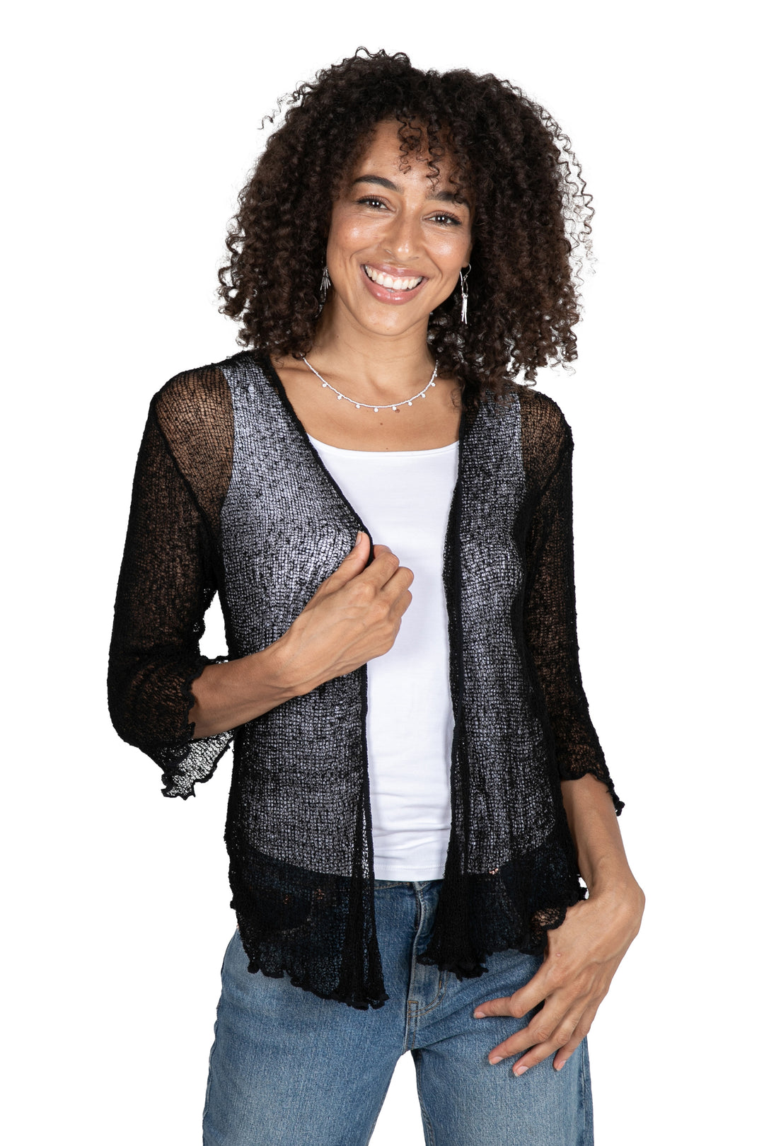 Black Knit Three-Quarter Sleeve Open-Front Jacket from Bali - Lazy Days in Black