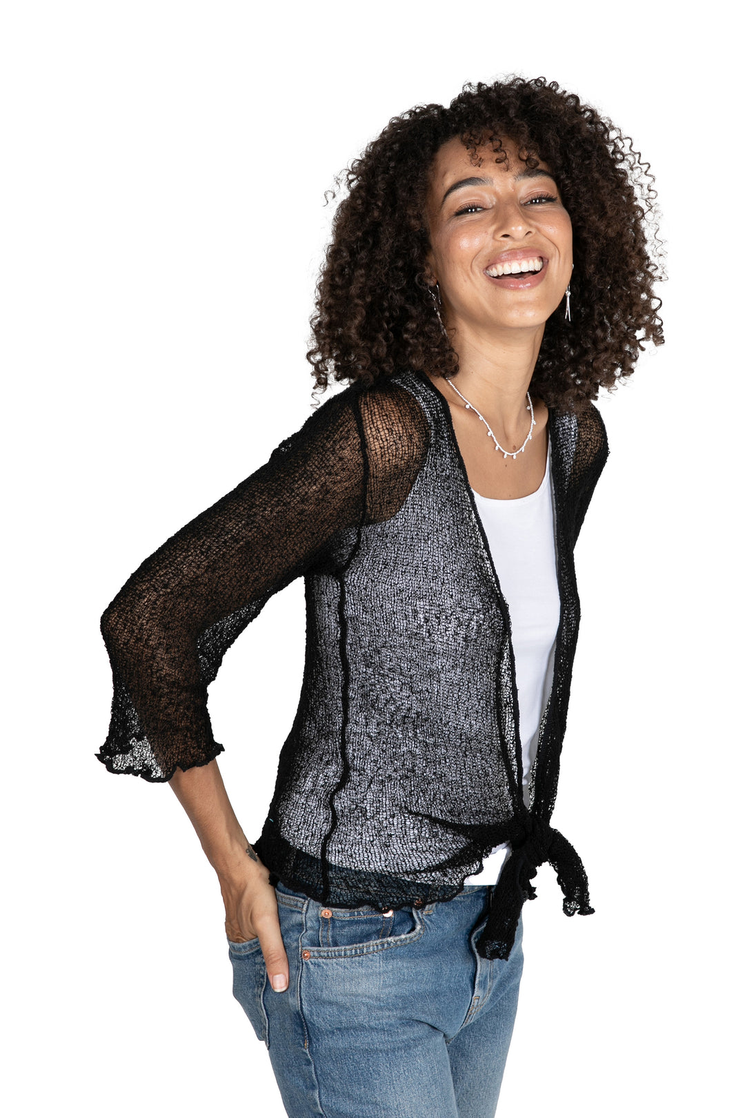 Black Knit Three-Quarter Sleeve Open-Front Jacket from Bali - Lazy Days in Black