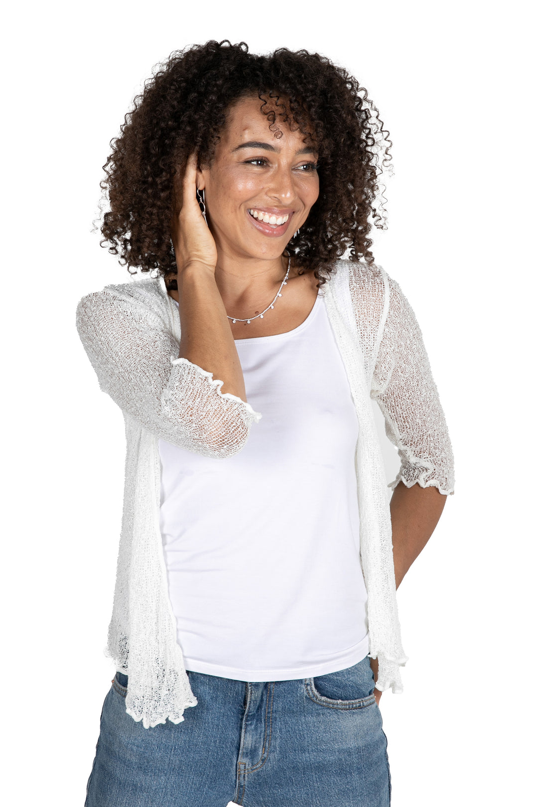 White Knit Three-Quarter Sleeve Open-Front Jacket from Bali - Lazy Days in White