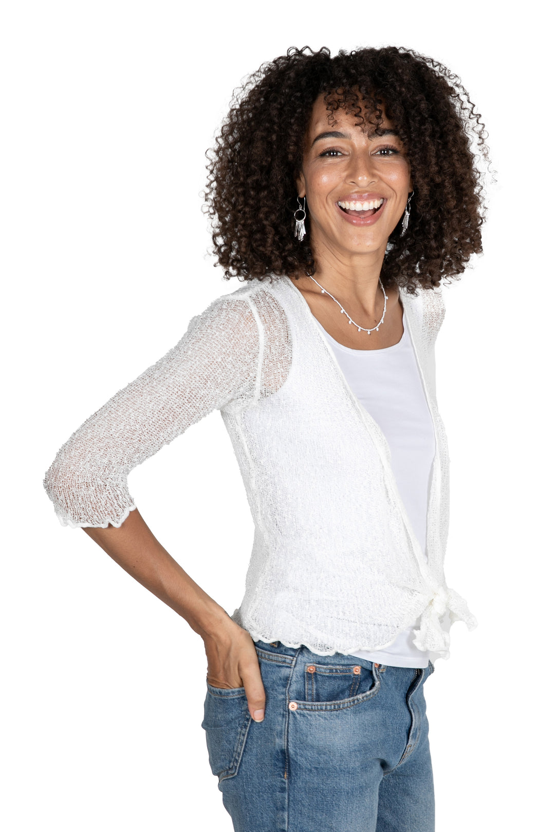 White Knit Three-Quarter Sleeve Open-Front Jacket from Bali - Lazy Days in White