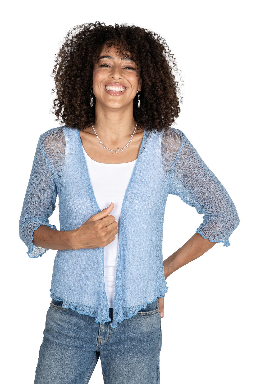 Sky Blue Three-Quarter Sleeve Open-Front Jacket from Bali - Sky Sand
