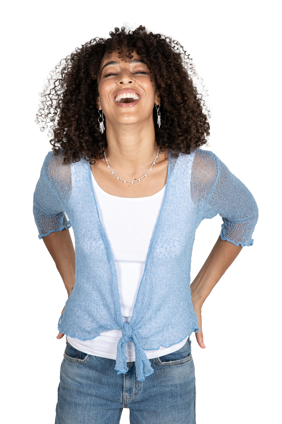 Sky Blue Three-Quarter Sleeve Open-Front Jacket from Bali - Sky Sand