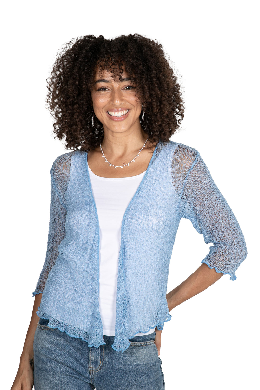 Sky Blue Three-Quarter Sleeve Open-Front Jacket from Bali - Sky Sand
