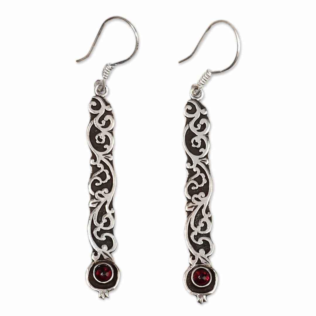 Vine-Themed Silver Dangle Earrings with Garnet Gemstones - Armenian Elegance