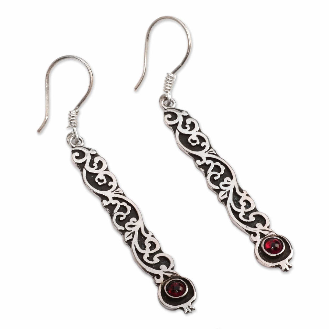 Vine-Themed Silver Dangle Earrings with Garnet Gemstones - Armenian Elegance