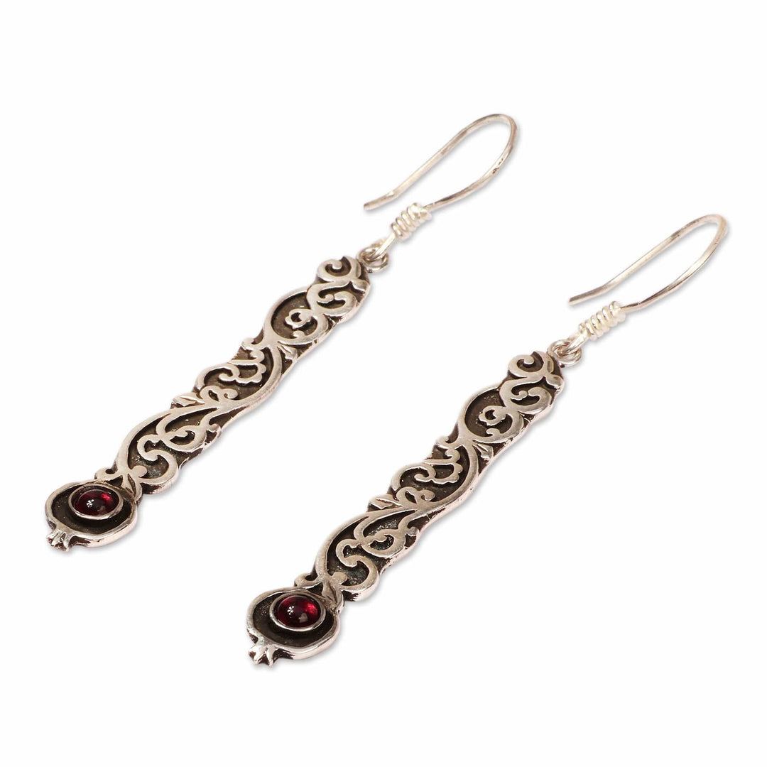 Vine-Themed Silver Dangle Earrings with Garnet Gemstones - Armenian Elegance