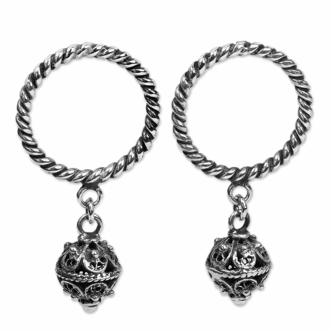 Antique-Finished Silver Circle and Orb Dangle Earrings - Armenian Orbs