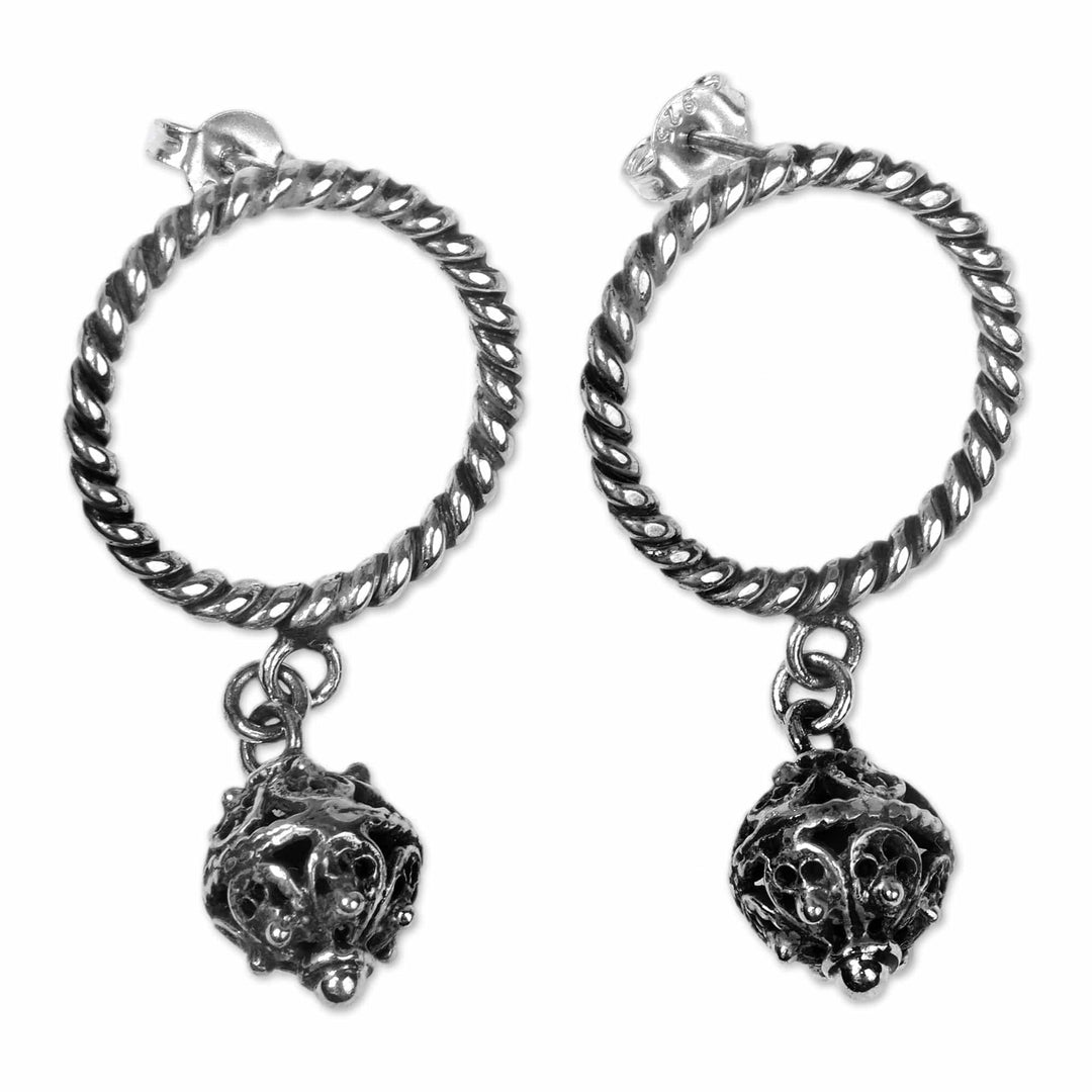 Antique-Finished Silver Circle and Orb Dangle Earrings - Armenian Orbs