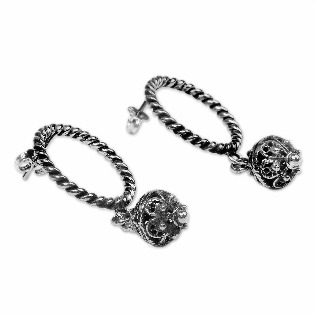 Antique-Finished Silver Circle and Orb Dangle Earrings - Armenian Orbs