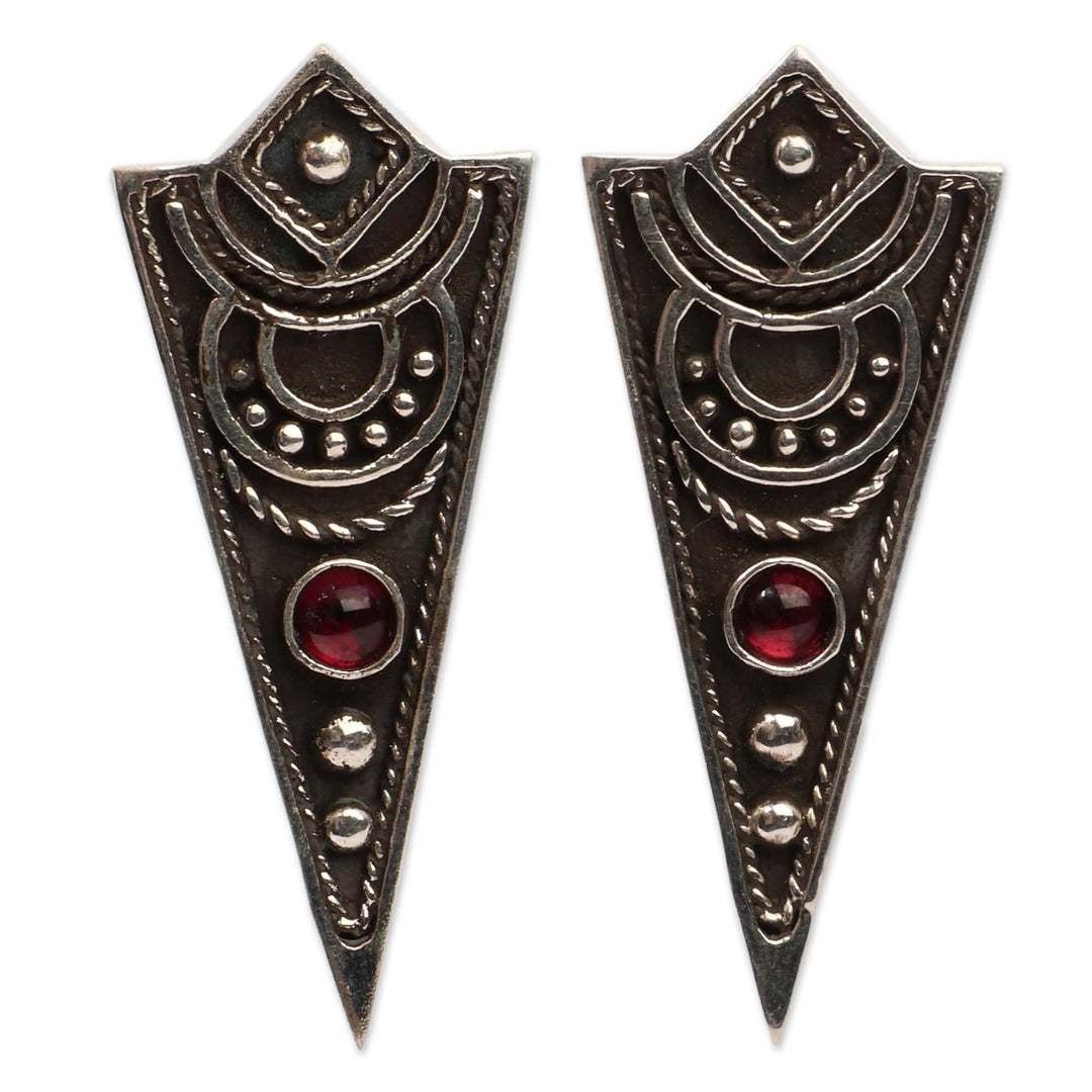 Modern Darkened Garnet Silver Triangular Drop Earrings - Triangle Bliss