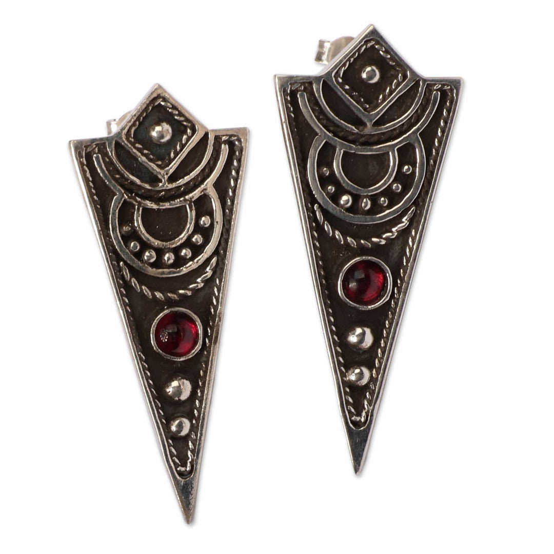 Modern Darkened Garnet Silver Triangular Drop Earrings - Triangle Bliss