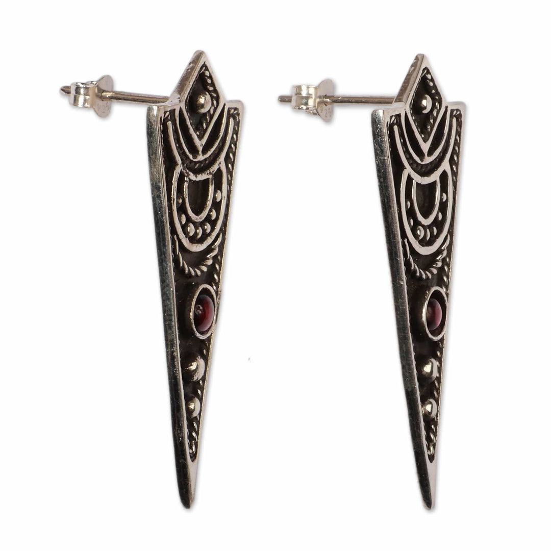 Modern Darkened Garnet Silver Triangular Drop Earrings - Triangle Bliss