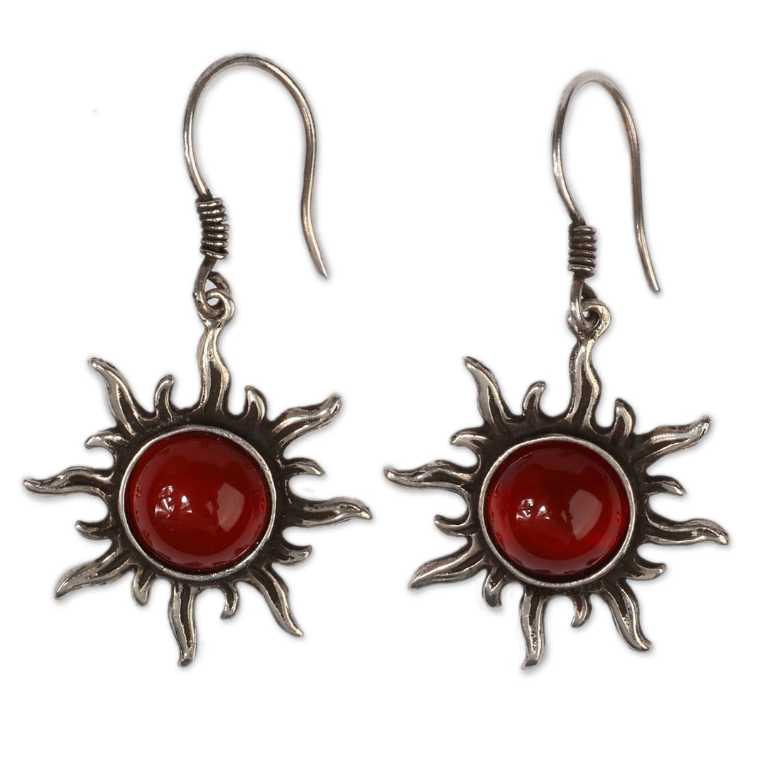 Carnelian Cabochon and Sterling Silver Sun Dangle Earrings - Sunny Fieriness